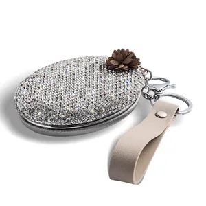 Tragbarer modischer Bling Bling Damen Kunstleder kompakter Taschenspiegel mit Schlüsselanhänger und Ledersband
