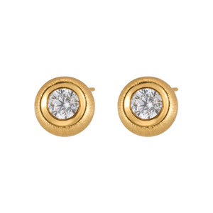 Gold Plated Round Stud Earrings With Zircon Bezel Setting 925 Silver Posts Geometric Ball Shape Fashion Jewelry - Product Image 5