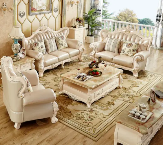 ヨーロッパの革のソファの組み合わせサイズの豪華なリビングルームアメリカの高級な第1層の牛革無垢材の彫刻が施されたソファ