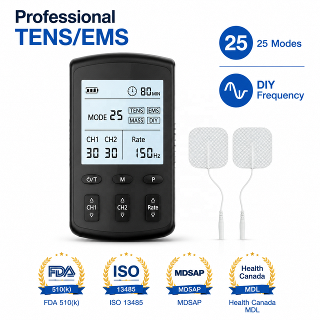 510K Registered Class II Physical Therapy Device with LCD Display 25 Modes Dual Channel Rechargeable TENS EMS Unit