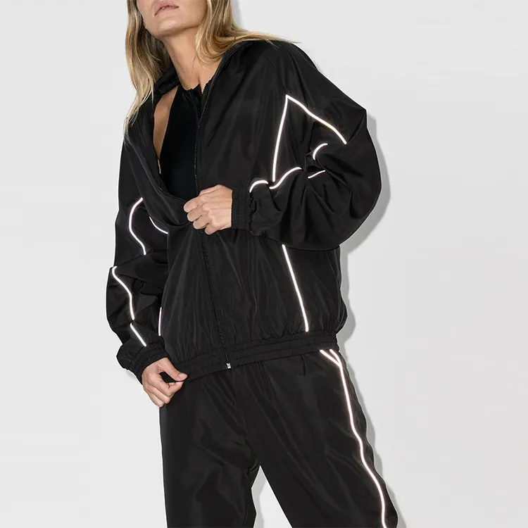 wholesale men unisex windbreaker sweatsuit jogger tracksuit custom logo reflective piping nylon pants two pieces set