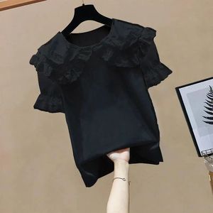 Blusa de gasa con cuello en V para mujer, nuevo estilo de verano 2024, manga corta, cuello Peter Pan con volantes, moderna, holgada, adelgazante y - Product Image 1