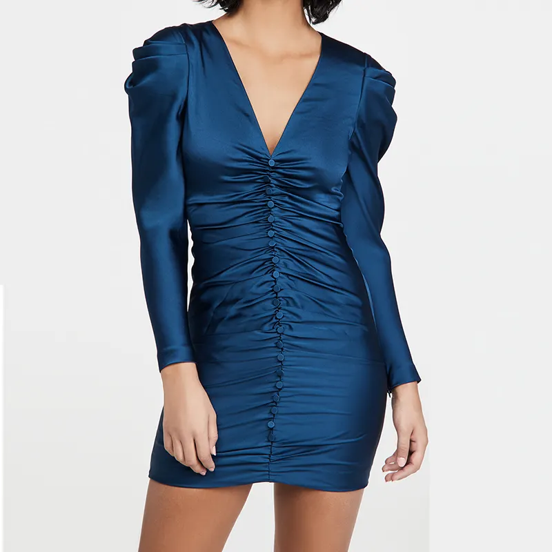 New Arrival Fashion Dress Lady V-neck Blue Charmeuse Faux Silk Long Puff Sleeve with Pleated Shoulders &zip Cuffs Cocktail Dress