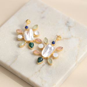 Pendientes de Moda con Piedras Preciosas de Imitación, Perlas de Imitación con Acabado Satinado, Pieza de Diseño Moderna, Chapado en Oro de 18K de Alta Calidad, Unisex - Product Image 2