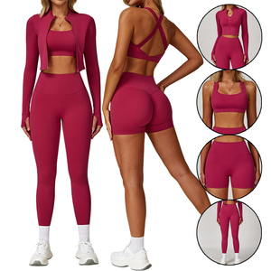 Ensemble de tenues de sport assorties gratuites pour femmes, ensemble de fitness personnalisé à blocs de couleur, pantalon évasé respirant taille haute, ensembles de <span class=keywords><strong>yoga</strong></span> 4 pièces - Product Image 1