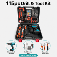 Ensemble d'outils électriques pour perceuse à batterie de 115 pièces avec étui rigide en acier à haute teneur en carbone pour la réparation à domicile OEM