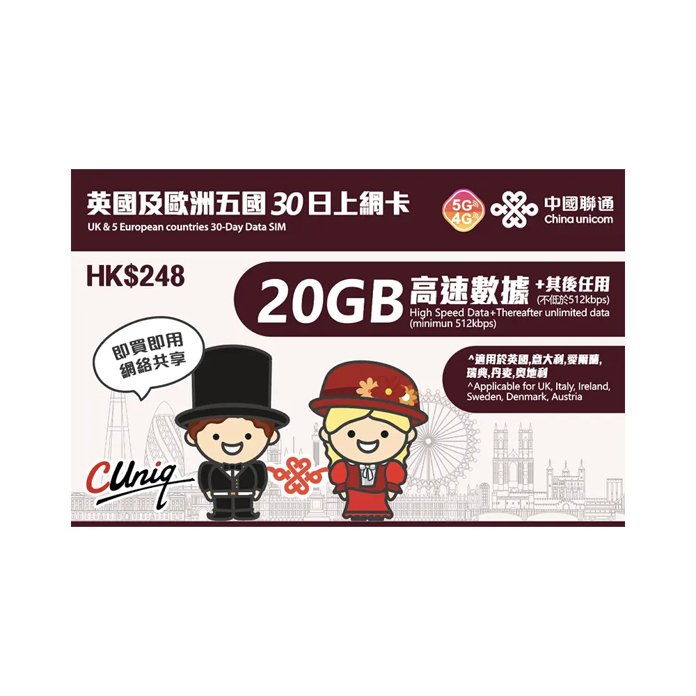 China Unicom UK dan 5 negara Eropa 30 hari 20GB kartu SIM Data perjalanan internasional