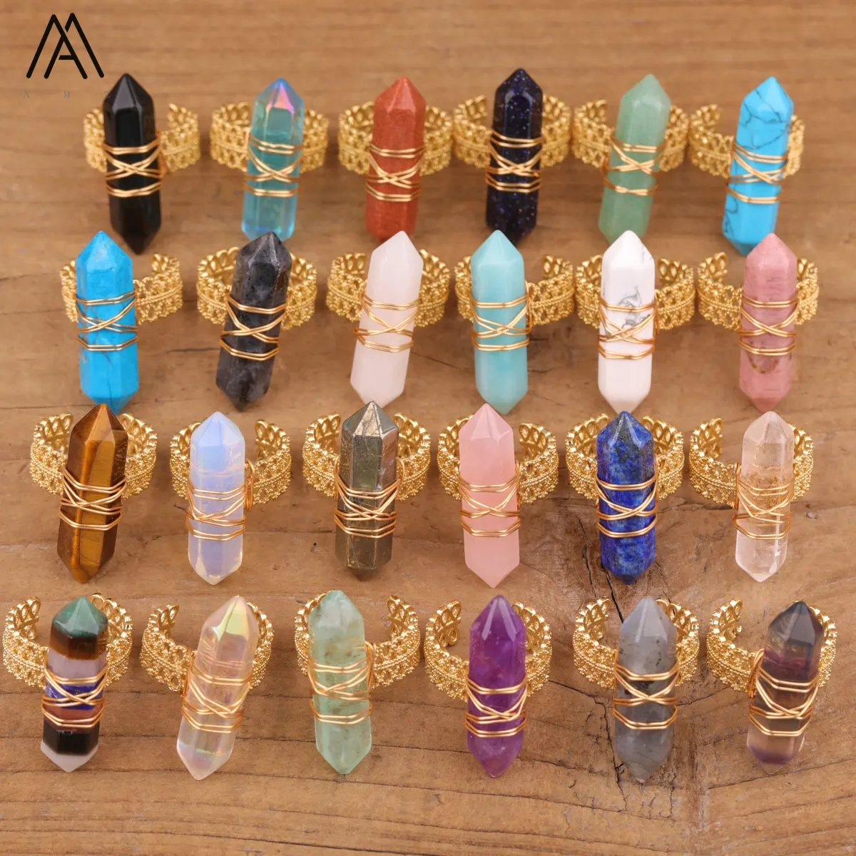 Anneaux de pierres précieuses à double perle, bandes de doigts ouvertes enroulées de fil, couleur or, bijoux de mode en cristal de guérison