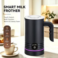 Espumador de Leche Eléctrico 4 en 1 con Mango Ergonómico, Luz LED Púrpura, Acero Inoxidable, Calentador de Leche para Espuma Fría y Caliente, Chocolate Caliente, Libre de BPA