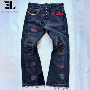 Pantalones Vaqueros LARSUR Personalizados de Fábrica con Apliques Bordados, Estilo Flare, Desgastados, con Remaches y Costuras a Mano, Corte <span class=keywords><strong>Bootcut</strong></span> - Product Image 1