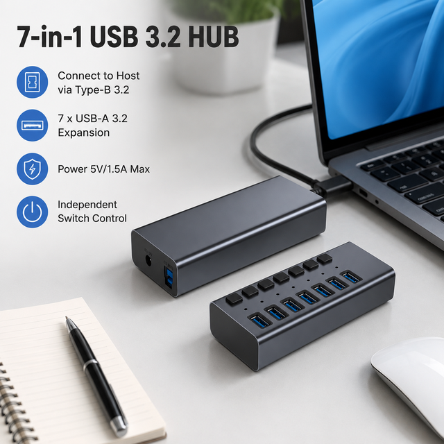 7-Port USB 3.2 Gen2 Hub USB-B Upstream 7xUSB-A 10Gbps 7 Independent Power Switches DC 12V 2A Aluminum Case FCC/CE Certified