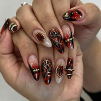 Lot de 30 faux ongles amande Halloween, couleur fumée foncée avec motifs léopard, araignée et chauve-souris dorée, vente en gros