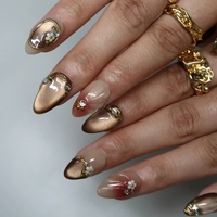 Faux ongles vintage Meila-de Cat-eye en amande à presser, avec cadre doré et fleurs 3D en strass, en acrylique, pour rendez-vous, banquets et goûters.