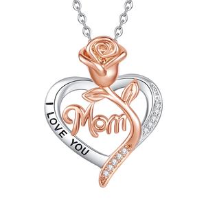 Joyería al por Mayor para el Día de la Madre, Collar con Colgante de Corazón de Flor de Rosa en Cobre Rodio, Grabado con la Frase "TE AMO MAMÁ" para Mujer - Product Image 1