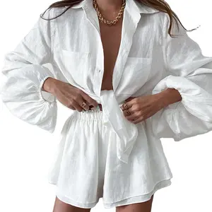 2022 summer cotton linen women's long sleeved top ruffled shorts two-piece casual fashion suit