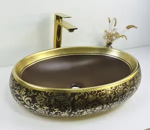 Nice Colour Washbasin Countertop Ceramic Toilet Art Basin Bathroom Sink Gold And Brown Hand Wash Basin For Hotel