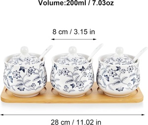 Zuccheriera in Ceramica Blu e Bianca con Motivi Floreali, Coperchio, Cucchiaio e Vassoio, <span class=keywords><strong>Set</strong></span> di 3 Contenitori per Caffè, Zucchero e Sale, Barattolo da Cucina da 260ml - Product Image 2