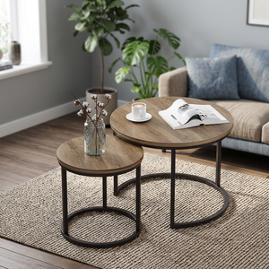 Modern Round <b>Nesting</b> <b>Coffee</b> <b>Table</b> <b>Set</b> with Wood Effect Tops and Black Metal Frames for Living Room Lounge Decor Home Use - Product Image 4