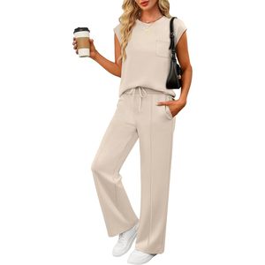FOXA Women Two Piece Set Sleeveless O Neck <b>Top</b> Wide Leg Pants Breathable Knitted Casual Summer Outfit - Product Image 1