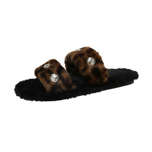 Nouvelle mode 2026 – Claquettes plates en fausse fourrure imprimé léopard respirantes et antidérapantes avec strass pour femme, à bout ouvert, en peluche, pour intérieur et extérieur - Product Image 5