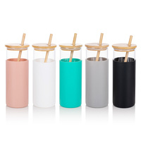 Gobelet personnalisé en verre borosilicate de haute qualité 500 ml, écologique, avec couvercle en bambou et manchon pour paille, pour les voyages - Vente en gros