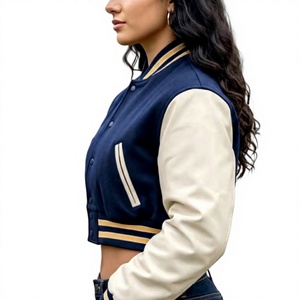 Veste universitaire d'hiver réversible imperméable pour femme, en tissu de laine bleu marine avec manches en similicuir, style streetwear décontracté - Product Image 2