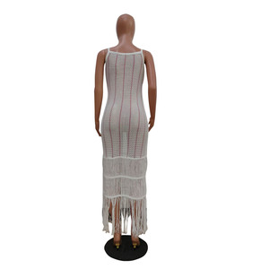 ชุดเดรสชายหาดแฟชั่นแบบลำลองสำหรับผู้หญิง ดีไซน์ถักนิตติ้งประดับพู่ สายคล้องคอ ไม่มีแขน - Product Image 6