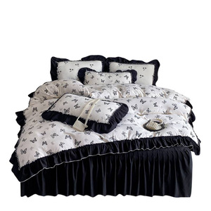 French Retro Princess Style <b>Bedding</b> <b>Set</b> All Cotton Duvet Cover With Bed Skirt Printed Butterfly Pattern Breathable Four Piece - Product Image 5