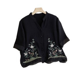 Chinese Style Linen Shirt Women Short Sleeve V Neck Embroidered Loose Blouse Everyday Wear Green Yellow Pink Black - Product Image 5