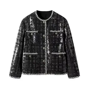Black Women's Tweed Blazer Stylish Coat with Timeless Charm