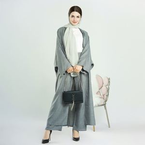 Linen Open Abaya Turkey 2pcs Set Modest Fashion Muslim Set Top <strong>and</strong> Pants Islamic <strong>Clothing</strong> - Product Image 2