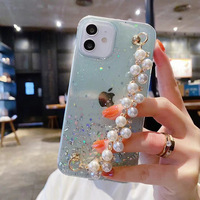 Étui de téléphone transparent avec chaîne de perles scintillantes pour iPhone 13 Pro Max, accessoire de téléphone portable unique