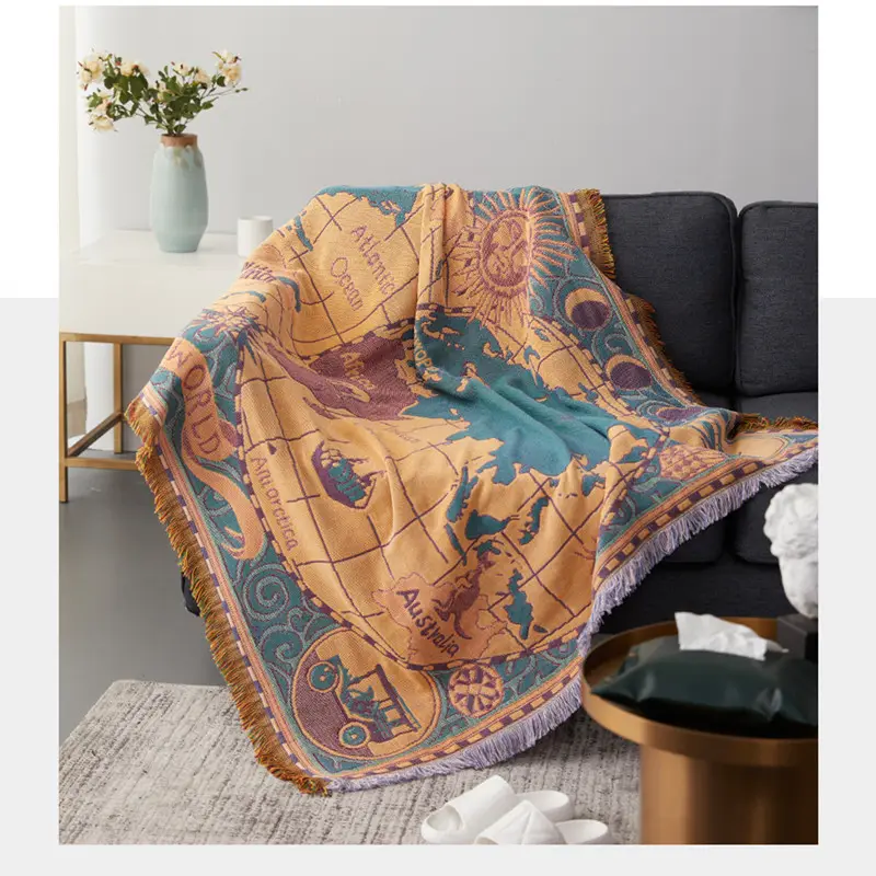 Inyahome Weltkarte Throw Blanket Reversible Bohemian Vintage gestrickte große Fransen Baumwolle gewebte Tapisserie Boho Fantasy Teppich bezug/
