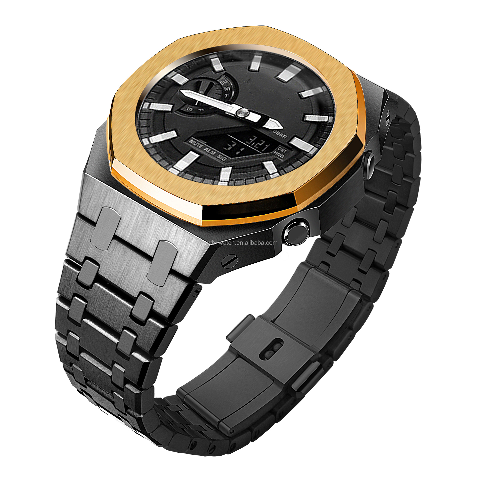 Boîtier noir, lunette en or rose + bracelet noir en acier inoxydable