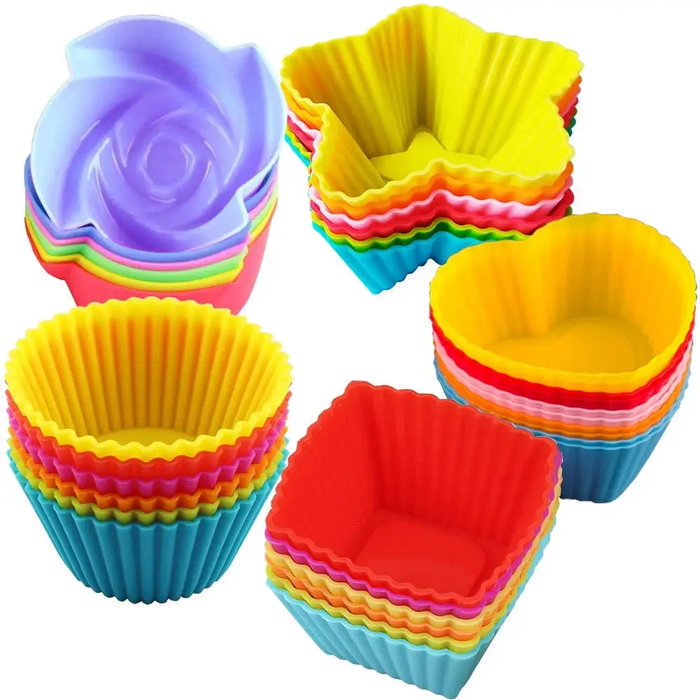 Moldes para assar copos reutilizáveis, 36 peças, moldes antiaderentes, de pastelaria, 4 formas, estrelas, coração, flores, forros de silicone, cupcake, 24 peças