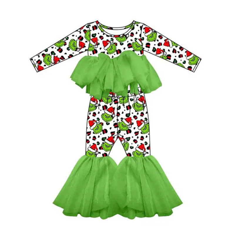 New design toddler children clothes set green christmas style shirt bell bottoms pants fashion girls baby clothing outfits