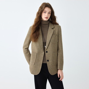 Khaki Wool Blazer Women Solid Color Mid Length With Pockets And Buttons No Wrinkle Treatment Autumn Winter Coat - Product Image 1