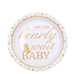 Assiettes en papier jetables dorées et blanches de 9 pouces Hello Sweet Baby, vaisselle élégante pour les décorations de fête de naissance ou d'anniversaire - Product Image 1