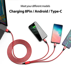 Échantillon gratuit Câble de charge USB tressé en nylon 3 en 1 Câble micro 8 broches de type C Câble de chargeur de données