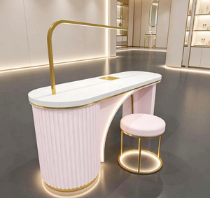 Modern Pink Nail Table <b>With</b> Gold <b>Lighted</b> Base <b>and</b> <b>Mirror</b> Arm Beauty Salon Manicure <b>Desk</b> - Product Image 1