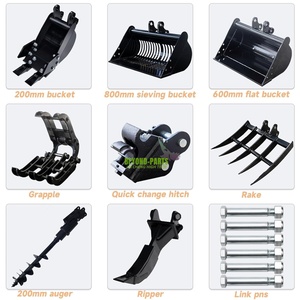 <strong>Mini</strong> <strong>Excavator</strong> Spare <strong>Attachments</strong> with Narrow Bucket Ripper <strong>Rake</strong> Auger Grapple Quick Hitch Screening Bucket Accessories Kit