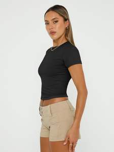2025 Tops cortos básicos para mujer, camisetas transpirables ajustadas, Tops cortos de manga corta con cuello redondo, trajes informales de verano - Product Image 6