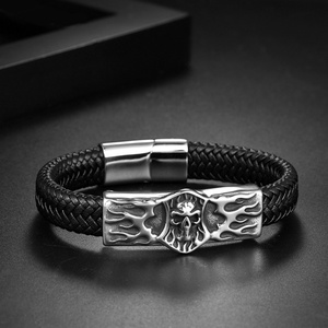 New Design Wholesale 316L Stainless Steel Punk Skull Leather Braided <b>Bracelet</b> for <b>Men</b> - Product Image 4
