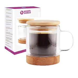 Wholesale mug cork base-New Arrival Double Wall Borosilicate Glass Coffee Mug With Cork Base And Bamboo Lid 250ML, Cork Coffee Mug