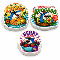 Autocollant personnalisé avec logo de marque, motif dessin animé, requin, fruits, légumes, en vinyle découpé, imperméable, pour emballage alimentaire et boîte en carton