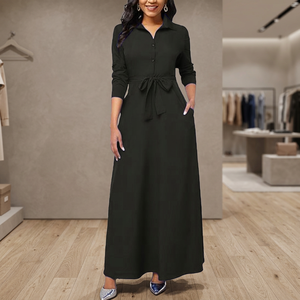 Vestido Camisero Maxi Negro para Mujer con Cinturón, Manga Tres Cuartos, Casual, Color Sólido, Transpirable, de Pana, con Bolsillos, Corte A y Cintura Imperio - Product Image 3