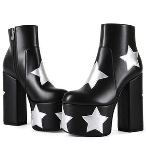 Bottines courtes à bout rond avec étoiles argentées personnalisées, plateforme épaisse, fermeture éclair latérale, talons hauts épais pour femmes, grande taille 47, bottines à la cheville - Product Image 4