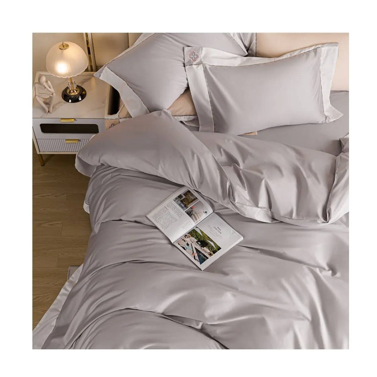 Groothandel Op Maat Logo Bedrukt Katoenen Laken Set Queen & King White Grey Luxe Groothandel Designer Dekbed Beddengoed Set