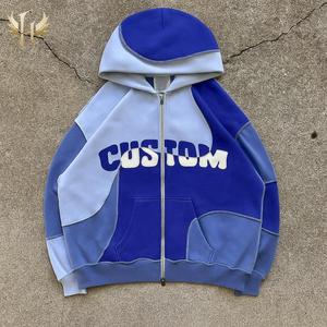 Sweats à capuche personnalisés OEM et ODM avec broderie 3D en coton épais recadrée avec fermeture éclair vers le haut point inversé et patchwork pour hommes - Product Image 3