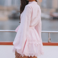 Robe Courte Vintage Personnalisée en Lin pour Femme, Col en V, Manches Ballon, Patte de Boutonnage, Bordure en Dentelle, Ceinture à Nouer, Mini-Robe d'Été pour la Plage